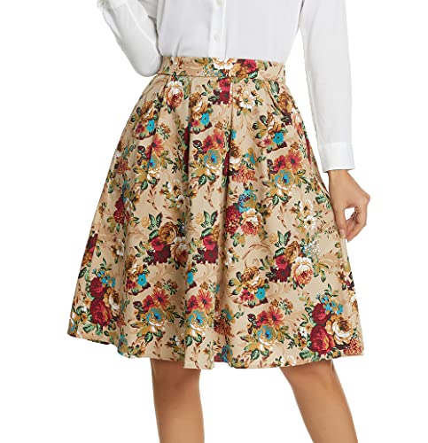 Tandisk Damen Vintage A-Line Printed Plissee Ausgestelltes Midiröcke mit Taschen Small Goldblume von Tandisk