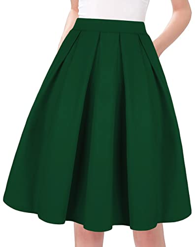 Tandisk Damen Vintage A-Line Printed Plissee Ausgestelltes Midiröcke mit Taschen Small Grün von Tandisk