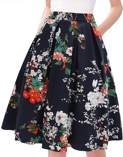 Tandisk Damen Vintage A-Linie Bedruckter Plissee Ausgestellter Midirock mit Taschen, Navyblue Flower, Groß von Tandisk