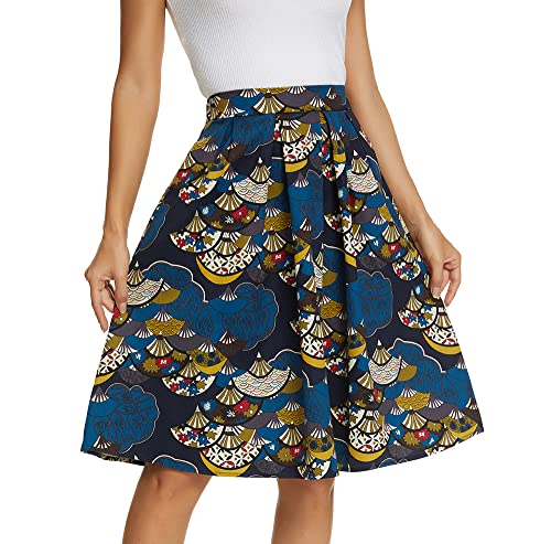 Tandisk Damen Vintage A-Linie Gedruckt Plissee Flared Midi Röcke mit Taschen (Fan Leaf Flower, L) von Tandisk