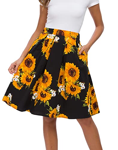 Tandisk Damen Vintage A-Linie Gedruckt Plissee Flared Midi Röcke mit Taschen (Sonnenblume, M) von Tandisk