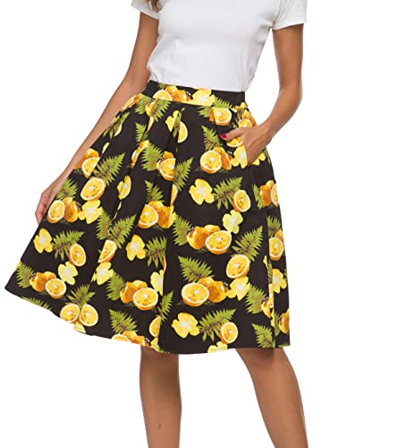 Tandisk Damen Vintage A-Linie Printed Plissee Flared Midi Röcke mit Taschen (Black Lemon, M) von Tandisk