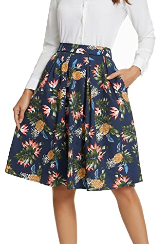 Tandisk Damen Vintage A-Linie Printed Plissee Flared Midi Röcke mit Taschen (Navy Ananas, L) von Tandisk