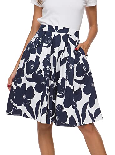 Tandisk Damen Vintage A-Linie Printed Plissee Flared Midi Röcke mit Taschen (Weiß Blau Blume, S) von Tandisk