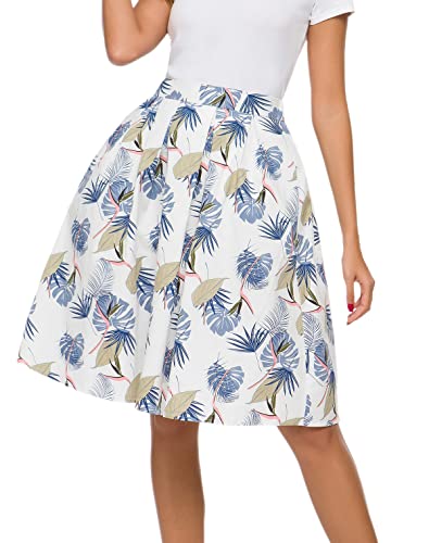 Tandisk Damen Vintage A-Linie Printed Plissee Flared Midi Röcke mit Taschen (White Blue Leaf, L) von Tandisk