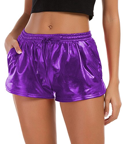 Tandisk Damen Yoga Hot Shorts metallisch glänzenden Hosen mit Gummizug Mittel Lila von Tandisk