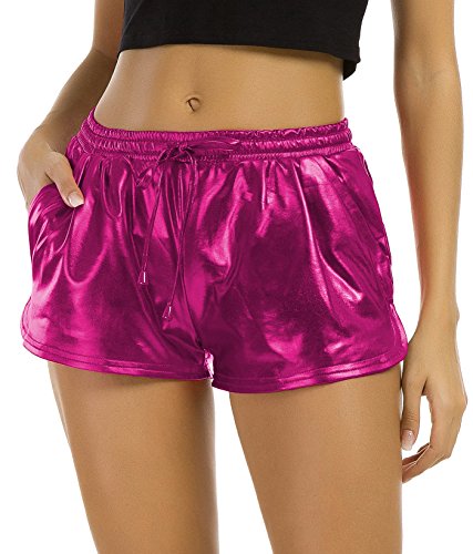 Tandisk Damen Yoga Hot Shorts metallisch glänzenden Hosen mit Gummizug groß Rose Red von Tandisk