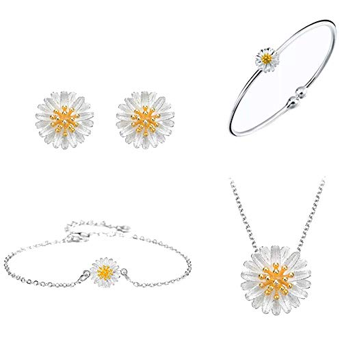Tanduaji Frauen Schmuck Set Sterlingsilber Halskette Ohrringe Armband Armreif Set Kleines Gänseblümchen Gestalten 1X1CM von Tanduaji