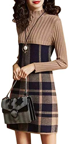 Damen Elegante Plaid Pullover Strickkleid Midi-Kleid Winter Strickpullover A-Linie (Aprikose, L) von TangDao