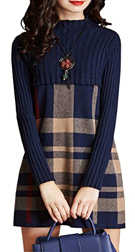 Damen Elegante Plaid Pullover Strickkleid Midi-Kleid Winter Strickpullover A-Linie (Dunkelblau, M) von TangDao