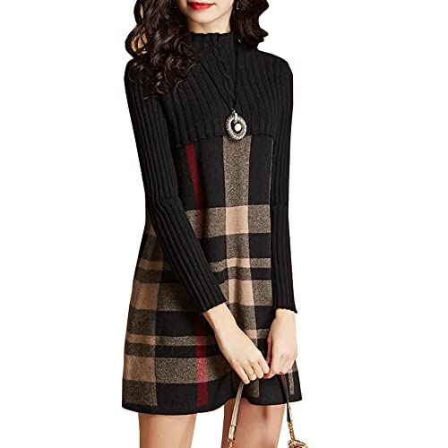 Damen Elegante Plaid Pullover Strickkleid Midi-Kleid Winter Strickpullover A-Linie (Schwarz, S) von TangDao