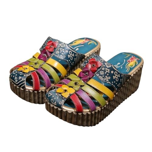 Damen Leder Slipper Vintage Sandalen Plattform Bunte Blume Keilabsatz Rückenfrei Schuhe Bequeme Clogs Flache Sommerschuhe Style 1 37 von TangDao