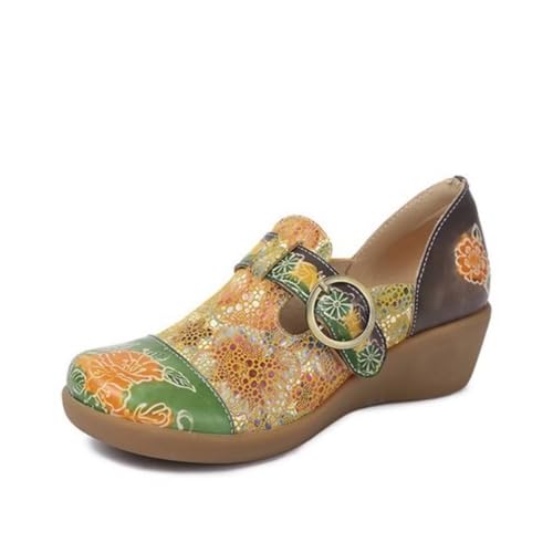 Damen Leder Slipper Vintage Sandalen Plattform Bunte Blume Keilabsatz Rückenfrei Schuhe Bequeme Clogs Flache Sommerschuhe Style 3 39 von TangDao