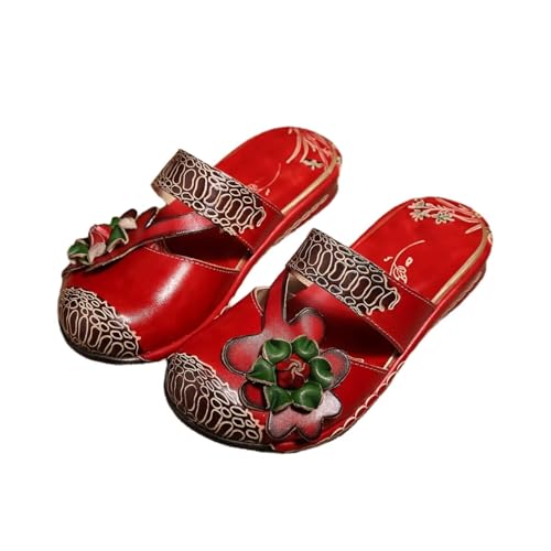 Damen Leder Slipper Vintage Sandalen Plattform Bunte Blume Keilabsatz Rückenfrei Schuhe Bequeme Clogs Flache Sommerschuhe Style 4 39 von TangDao