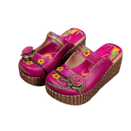 Damen Leder Slipper Vintage Sandalen Plattform Bunte Blume Keilabsatz Rückenfrei Schuhe Bequeme Clogs Flache Sommerschuhe Style 5 35 von TangDao