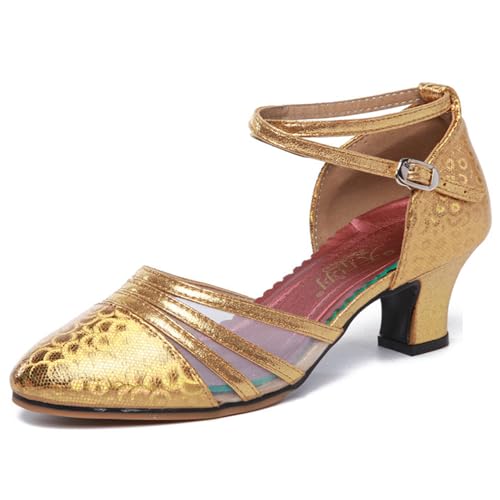 Damen Salsa Latin Tanzschuhe Tango Schuhe Riemchen Blockabsatz Pumps（Gold 3CM.EU 41Normal） von TangDao