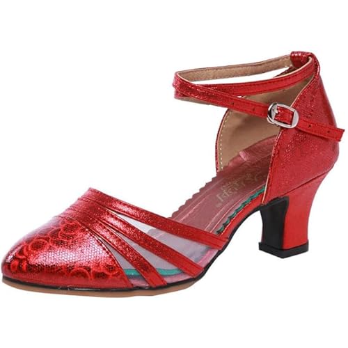 Damen Salsa Latin Tanzschuhe Tango Schuhe Riemchen Blockabsatz Pumps（Rot 3CM.EU 39Normal） von TangDao