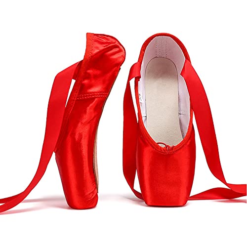 Spitzenschuhe Rosa Ballettschuhe für Anfänger Rot Schwarz Satin Professionelle Tanzschuhe Ballerinas mit Aufgenähten Bändern für Damen Mädchen(43 EU,Rot) von TangDao