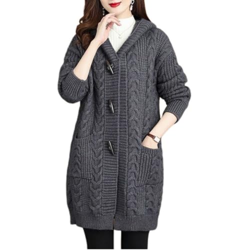 Strickjacke Damen Lang mit Kapuze Herbst Strick Cardigan Herbst Warm Damen 4XL Grau von TangDao