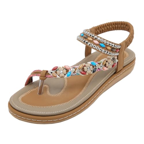 TangDao Damen Flach Sandalen Sommer Strand Schuhe Bohemian Flip Flops Zehentrenner mit Weiches Fussbett(Braun.EU 40-Tag 41) von TangDao
