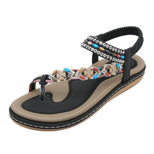 TangDao Damen Flach Sandalen Sommer Strand Schuhe Bohemian Flip Flops Zehentrenner mit Weiches Fussbett(Schwarz.EU 40.5-Tag 42) von TangDao