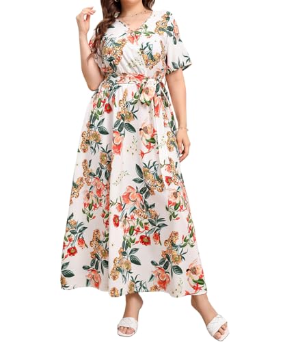 TangDao Damen Langes Kleider Sommerkleid mit Bohemian Blumendruck V-Ausschnitt Kleid Kurzarm Freizeitkleid(Beige.XL) von TangDao