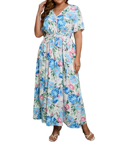 TangDao Damen Langes Kleider Sommerkleid mit Bohemian Blumendruck V-Ausschnitt Kleid Kurzarm Freizeitkleid(Hellblau.XL) von TangDao