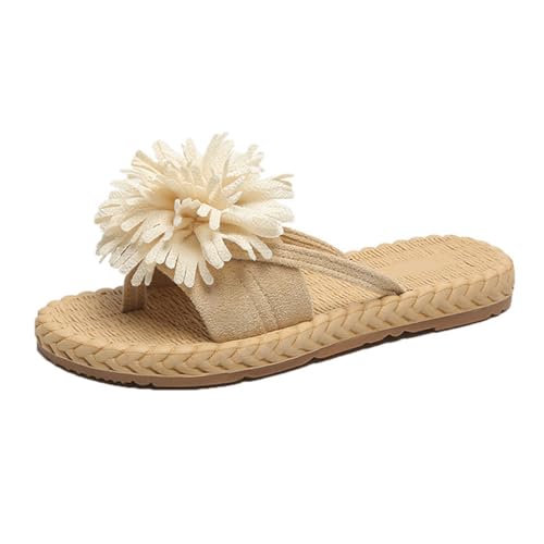 TangDao Damen Mode Blumendekor Offene Zehen Flip Flop Sandalen Casual Outdoor Flache Hausschuhe Strand Sandalen Sommer Slipper (Beige, Erwachsene, 41, Numerisch, EU Schuhgrößensystem, M) von TangDao
