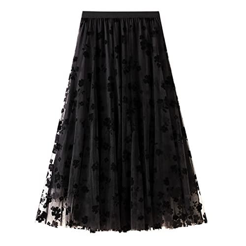 TangDao Damen Rock Netzrock Atmungsaktiv Midirock,Faltenrock Chiffon Print (Schwarz) von TangDao