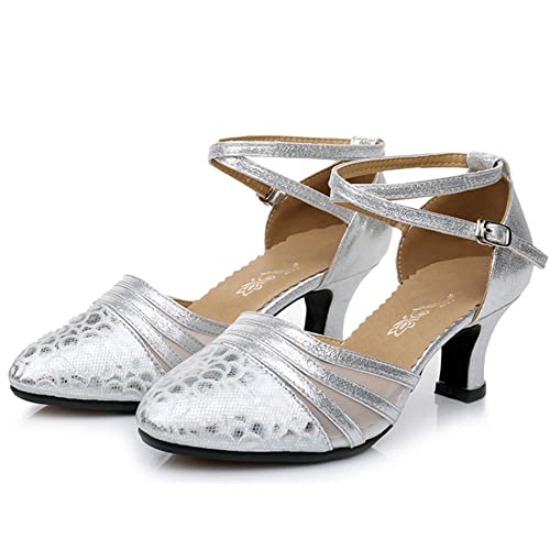 TangDao Damen Salsa Latin Tanzschuhe Tango Schuhe Riemchen Blockabsatz Pumps (Silber, Numeric_35) von TangDao