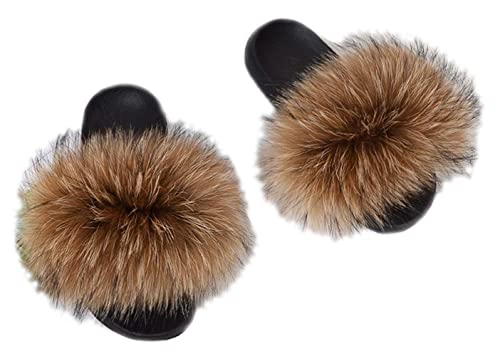 Damen Schlappen mit Fell Pelz Sandalen Sommer Plüsch Flaumiger Pantoletten Flipflops Slipper Outdoor von TangDao