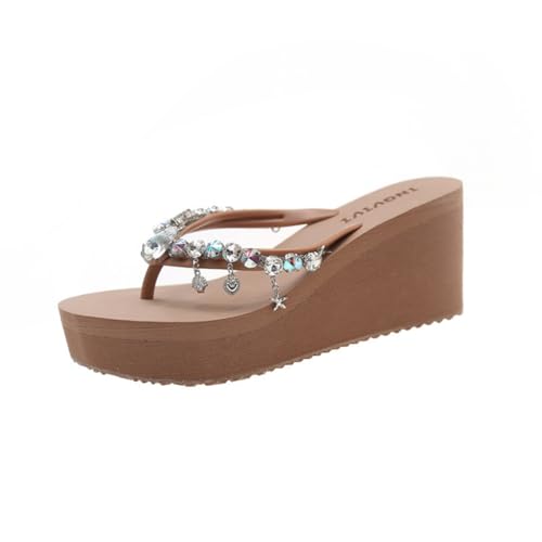 TangDao Flip-Flops Sommer für Damen mit Plateau Keilabsatz Elegant Strand Flip-Flops aus Strass für Damen Strandschuhe Poolschuhe EU 38 Braun von TangDao