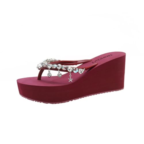 TangDao Flip-Flops Sommer für Damen mit Plateau Keilabsatz Elegant Strand Flip-Flops aus Strass für Damen Strandschuhe Poolschuhe EU 39 Rot von TangDao