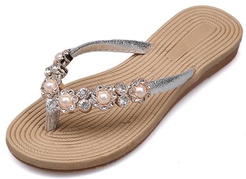 TangDao Flip Flops für Damen Strass Perle Sommer Zehentrenner Flache für Frauen Freizeit Silber 39 EU von TangDao