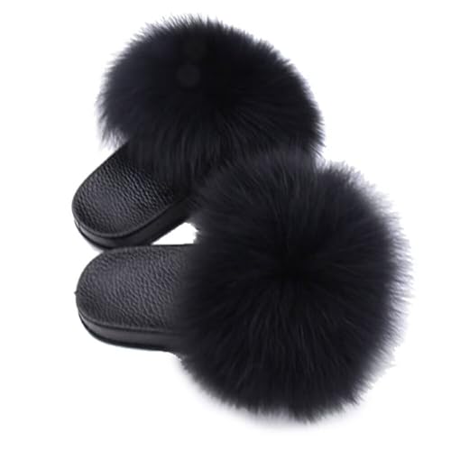 TangDao Mädchen Schlappen Sommer Hausschuhe Plüsch Pantoffeln mit Fell Flauschig Sandalen Slippers Outdoor Schwarz 32 von TangDao