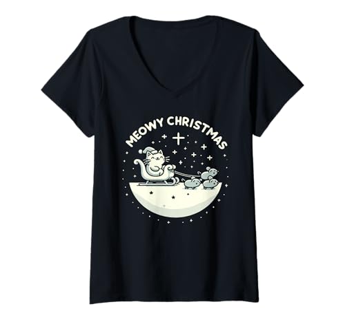 Damen Meowy Christmas Santa Katze und Rentier Mäuse Vintage Urlaub T-Shirt mit V-Ausschnitt von Tangled Tinsel Tees