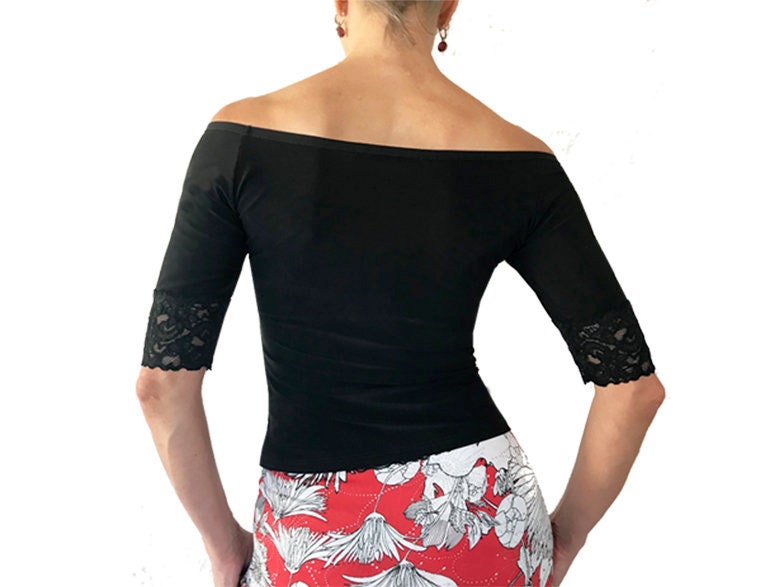 Schulterfrei Boatneck Top Kurzarm Spitzenmanschette - Handgemacht von TangolevaDancewear