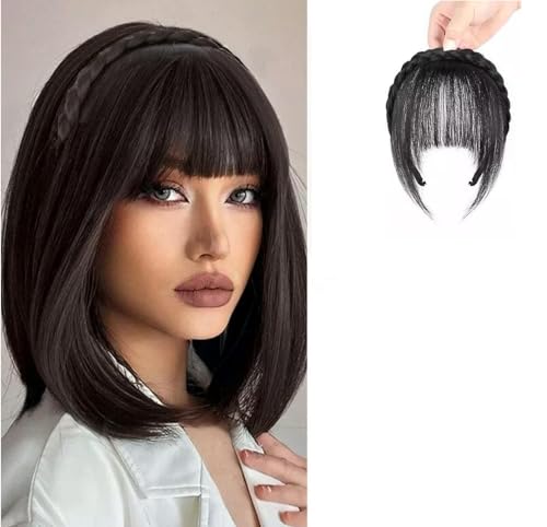 Tangseajiao Schwarze Perücken mit Pony, Fronthaarverlängerung, mit Pony, Zöpfe, Stirnband, Pony, für Damen und Mädchen, Schwarz von Tangseajiao