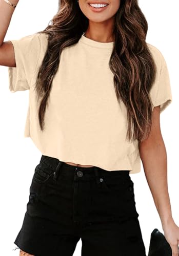 Tankaneo Crop Tops Damen Oversize Sport Oberteile Cropped Shirts Rundhals Loose Bauchfrei Sommertop Kurz T-Shirts.Aprikose.S von Tankaneo