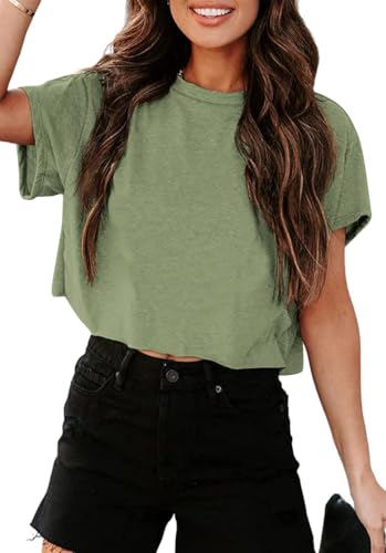 Tankaneo Crop Tops Damen Oversize Sport Oberteile Cropped Shirts Rundhals Loose Bauchfrei Sommertop Kurz T-Shirts.Armeegrün.M von Tankaneo