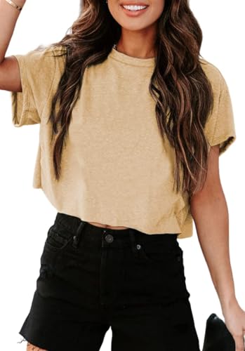Tankaneo Crop Tops Damen Oversize Sport Oberteile Cropped Shirts Rundhals Loose Bauchfrei Sommertop Kurz T-Shirts.Khaki.XL von Tankaneo