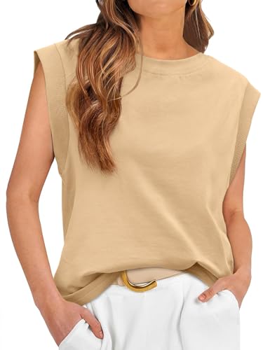 Tankaneo Damen Ärmelloses T Shirt Rundhals Tank Top Sommer Klassisches T Shirts Lässig Solide Basic Oberteile Khaki XL von Tankaneo