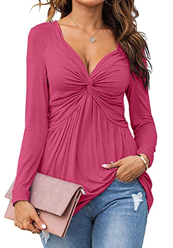 Tankaneo Damen Bluse mit V-Ausschnitt vorne, geknotet, langärmelig, elegant, lässig, einfarbig, Pullover Tops - Rot - Mittel von Tankaneo