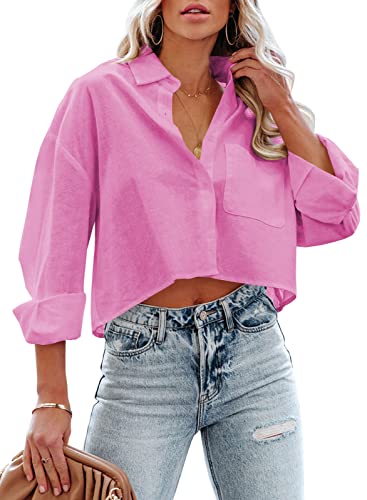 Tankaneo Damen Button-Down-Cropped-Hemden, langärmelig, lässig, bauchfrei, einfarbig, Revers-Bluse, Shirt mit Brusttasche, 14-Rosarot, X-Groß von Tankaneo