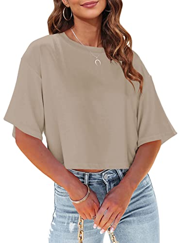 Tankaneo Damen Crop Tops Kurzarm T-Shirts Sommer Fitness Oversize Oberteile Crew Neck Bauchfrei Sportshirt von Tankaneo