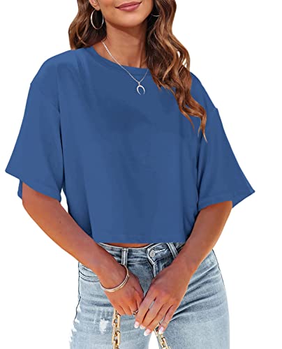 Tankaneo Damen Crop Tops Kurzarm T-Shirts Sommer Fitness Oversize Oberteile Crew Neck Bauchfrei Sportshirt von Tankaneo