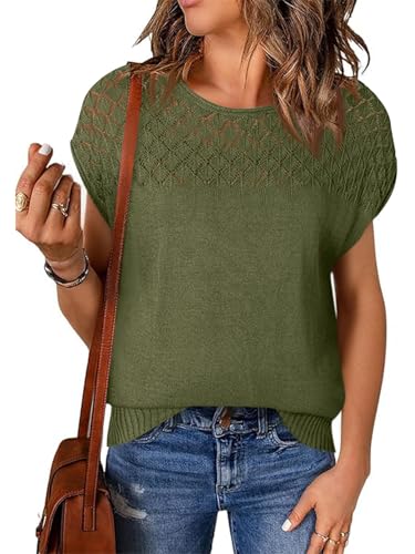 Tankaneo Damen Kurzarm Rundhals Top Häkelstrick T-Shirt Sommer Leicht Loose Fit Shirts.Armeegrün.L von Tankaneo