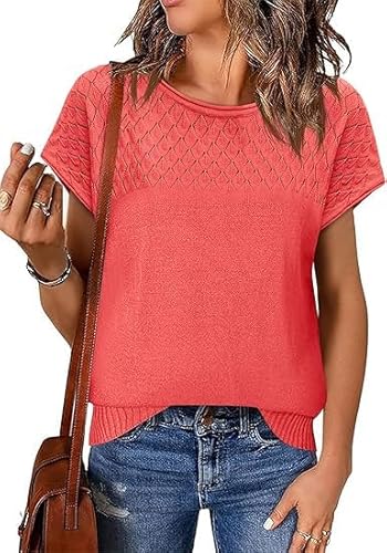 Tankaneo Damen Kurzarm Rundhals Top Häkelstrick T-Shirt Sommer Leicht Loose Fit Shirts.Rosa.L von Tankaneo