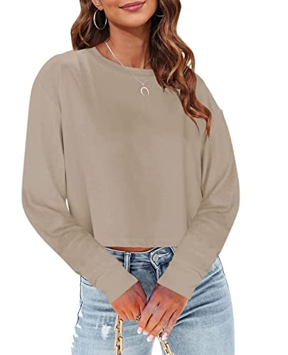 Tankaneo Damen Langarm-Crop-Top, lockere Passform, bauchfreies T-Shirt 2025, Rundhalsausschnitt, Freizeithemden, 02-khaki, Groß von Tankaneo