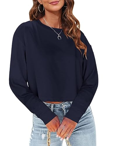 Tankaneo Damen Langarm Cropped T-Shirts Rundhals Casual Drop Schulter Crop Tops Solide Pullover Tees von Tankaneo